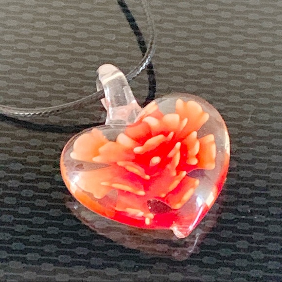 Handblown Glass Orange Flower Heart Pendant - Picture 4 of 5